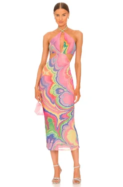 Tessa Mesh Midi Dress Abstract Multi Marble