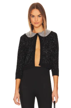 Alice + Olivia Akira Textured Cardigan Black Metallic
