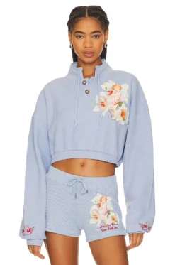 Boys Lie I Am Not Where You Left Me Henley Cropped Crew Steel Blue