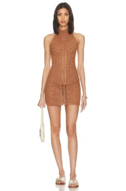 Lyssa Hand Crochet Halter Mini Dress Brown