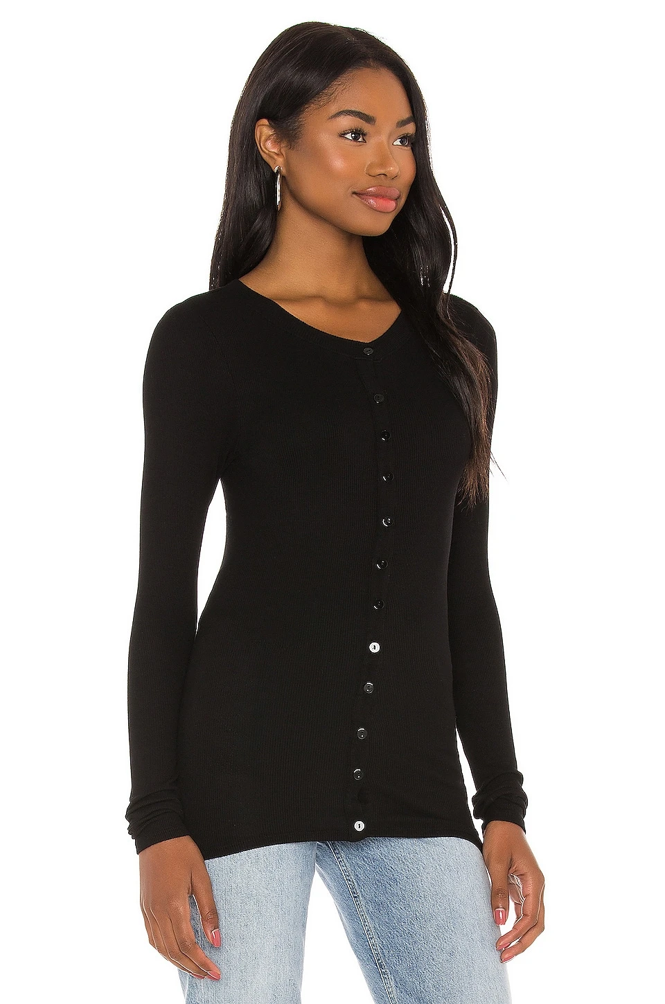 Silk Rib Fitted Long Sleeve Cardigan Black 2 Silk Rib Fitted Long Sleeve Cardigan Black - Image 2