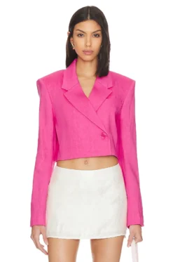 FRAME Cropped Strong Shoulder Blazer Flamingo
