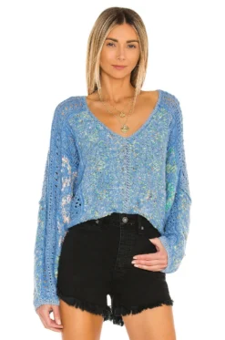 FREE PEOPLE Mosaic V Neck Pullover Moonbeam Combo