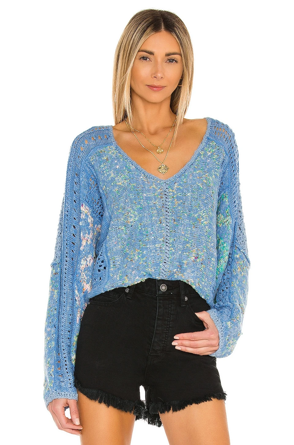 FREE PEOPLE Mosaic V Neck Pullover Moonbeam Combo 1 FREE PEOPLE Mosaic V Neck Pullover Moonbeam Combo