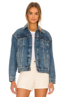FREE PEOPLE BLOUSON TRUCKER EN JEAN JOLENE Deep Sea