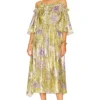 Off Shoulder Silk Lurex Jacquard Gathered Dress Tropical Hibiscus