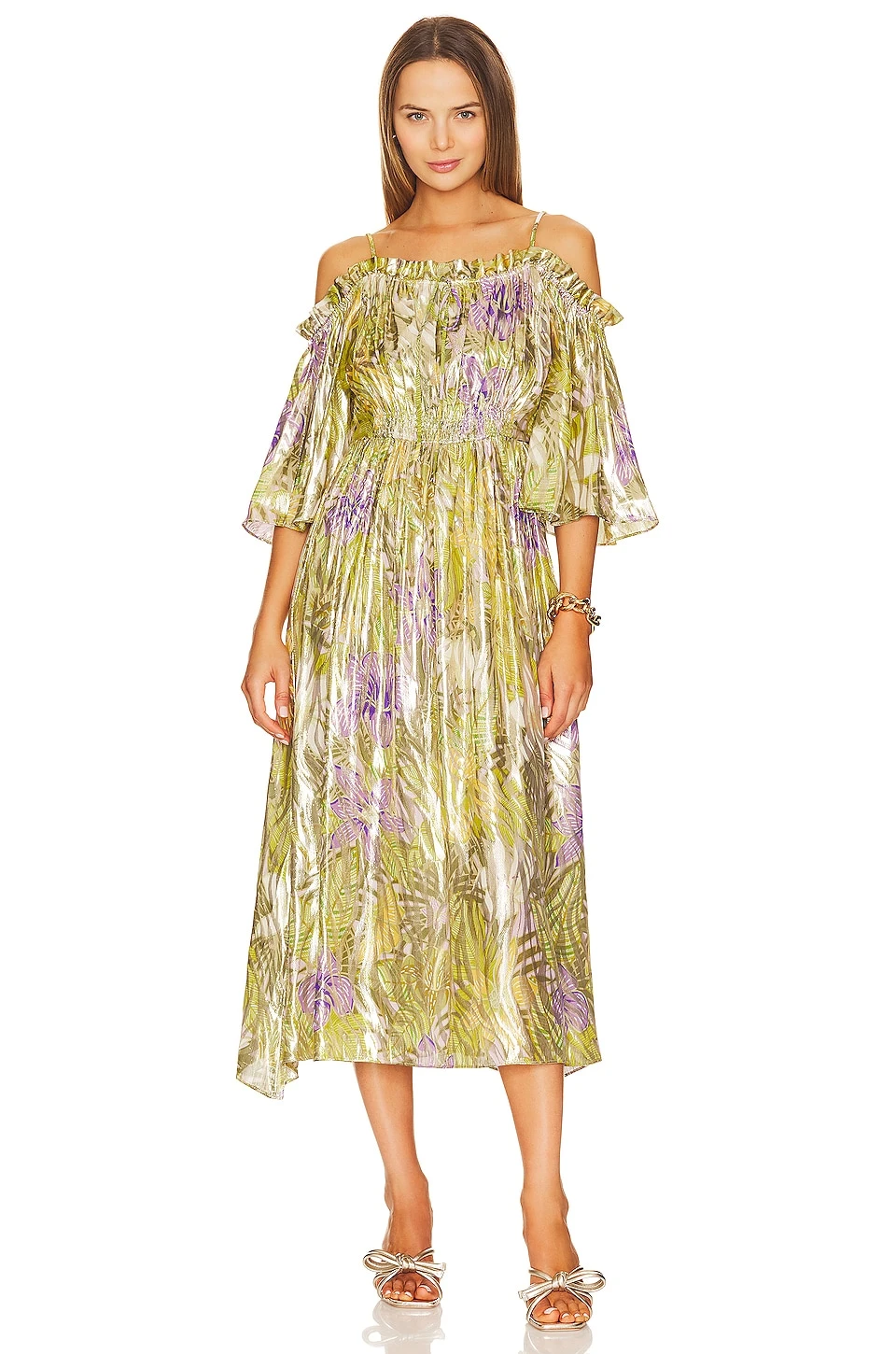 Off Shoulder Silk Lurex Jacquard Gathered Dress Tropical Hibiscus 1 Off Shoulder Silk Lurex Jacquard Gathered Dress Tropical Hibiscus