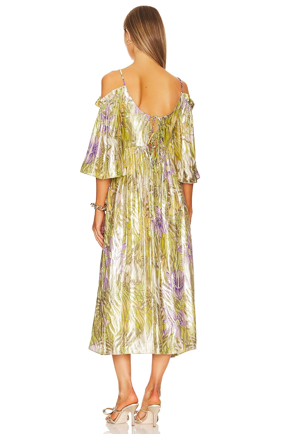 Off Shoulder Silk Lurex Jacquard Gathered Dress Tropical Hibiscus 3 Off Shoulder Silk Lurex Jacquard Gathered Dress Tropical Hibiscus - Image 3