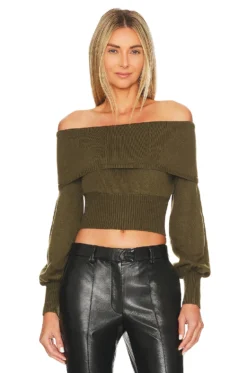 X REVOLVE Chey Off Shoulder Sweater Dark Olive