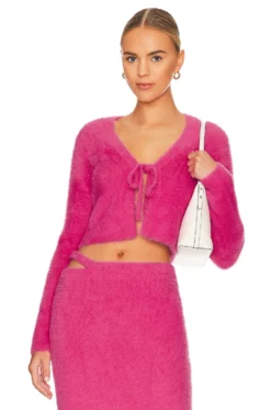 Axel Fuzzy Knit Tie Front Cardigan Hot Pink
