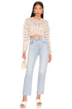 LoveShackFancy Junice Crop Cardigan Sand -Fashion Clothing LESH WK98 V5