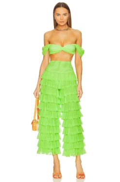 Norma Kamali Wide Leg Ruffle Pant Neon Green 7 Norma Kamali Wide Leg Ruffle Pant Neon Green -Fashion Clothing NKAM WP163 V4