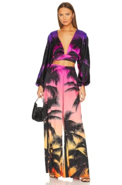 Delia Silk Pant Sunset Palm -Fashion Clothing ROFR WP31 V4