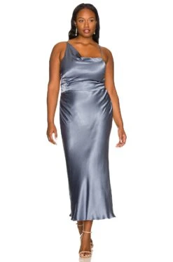 Shona Joy La Lune Asymmetrical Bias Cowl Midi Dress Blue Smoke 9 Shona Joy La Lune Asymmetrical Bias Cowl Midi Dress Blue Smoke -Fashion Clothing SHON WD367 V3