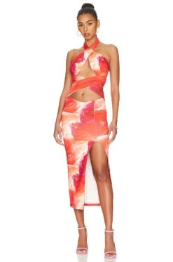 Pixie Halter Midi Dress Pink Multi