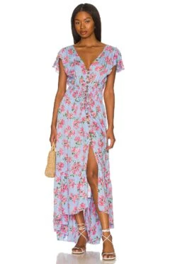 New Moon Maxi Dress Hibiscus Bouquet Baby Blue