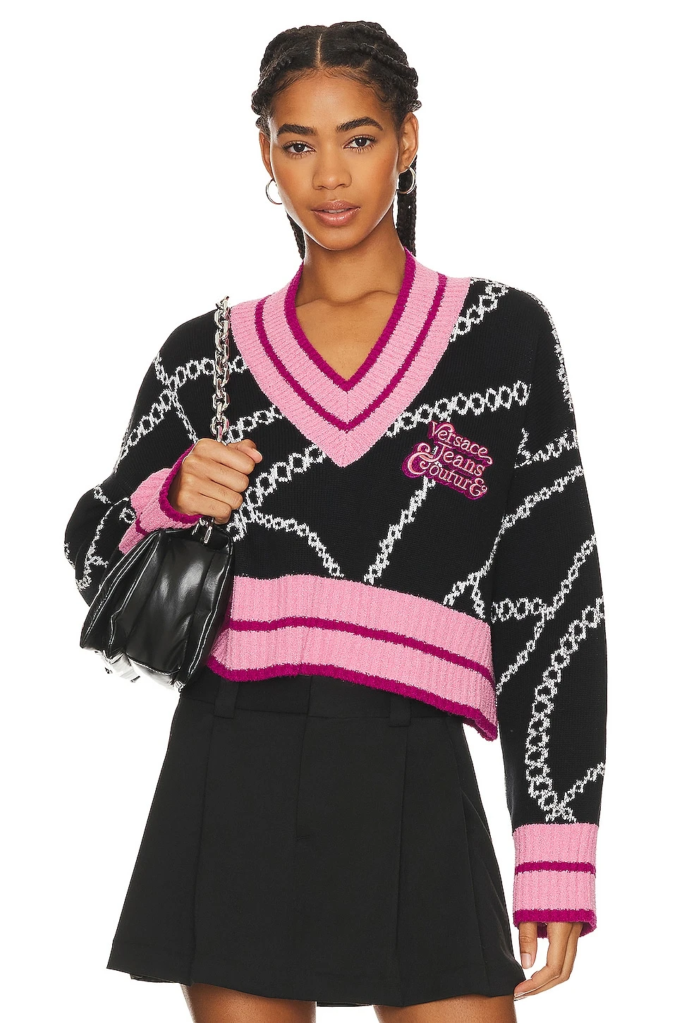 Versace Jeans Couture Cropped V Sweater Black 1 Versace Jeans Couture Cropped V Sweater Black