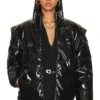 Faux Leather Snap Off Sleeve Puffer Jacket Black