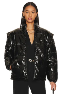 Faux Leather Snap Off Sleeve Puffer Jacket Black