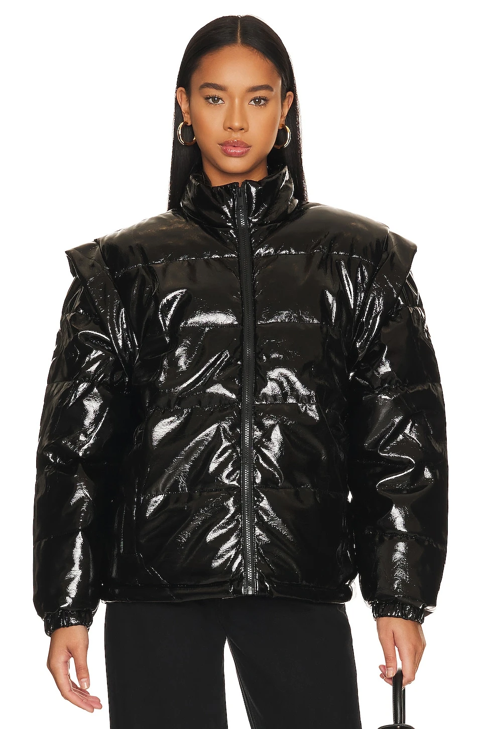 Faux Leather Snap Off Sleeve Puffer Jacket Black 2 Faux Leather Snap Off Sleeve Puffer Jacket Black - Image 2