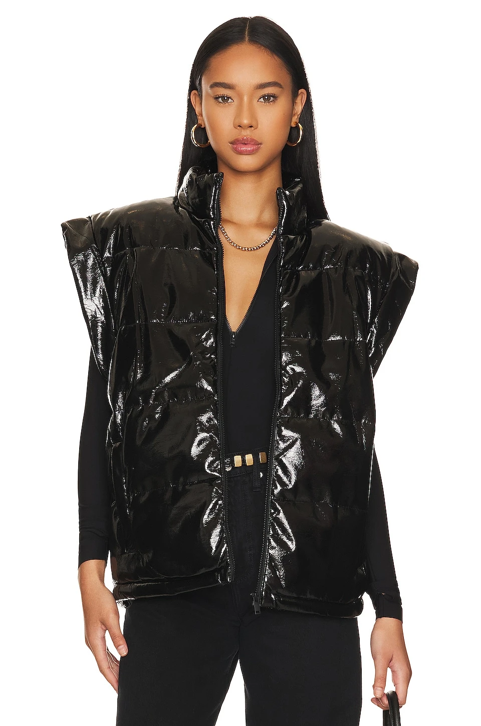 Faux Leather Snap Off Sleeve Puffer Jacket Black 3 Faux Leather Snap Off Sleeve Puffer Jacket Black - Image 3