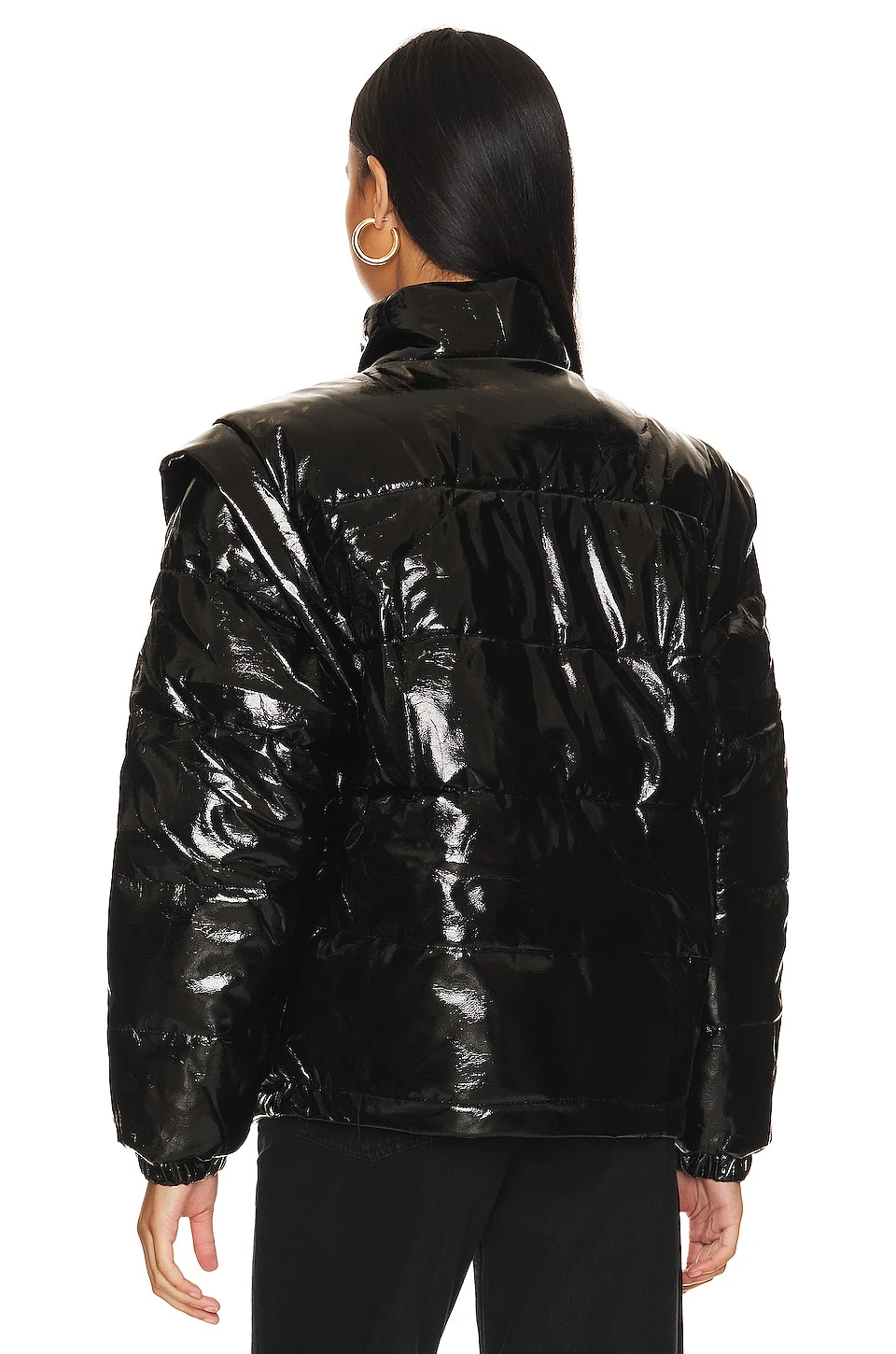 Faux Leather Snap Off Sleeve Puffer Jacket Black 5 Faux Leather Snap Off Sleeve Puffer Jacket Black - Image 5