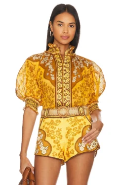 Zimmermann Raie Short Sleeve Blouse Gold Brown Floral