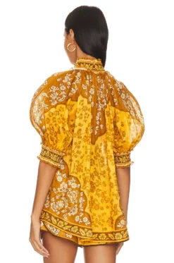 Zimmermann Raie Short Sleeve Blouse Gold Brown Floral -Fashion Clothing ZIMM WS112 V3
