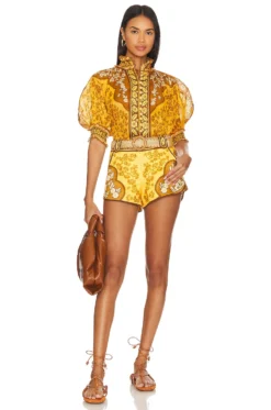 Zimmermann Raie Short Sleeve Blouse Gold Brown Floral -Fashion Clothing ZIMM WS112 V4